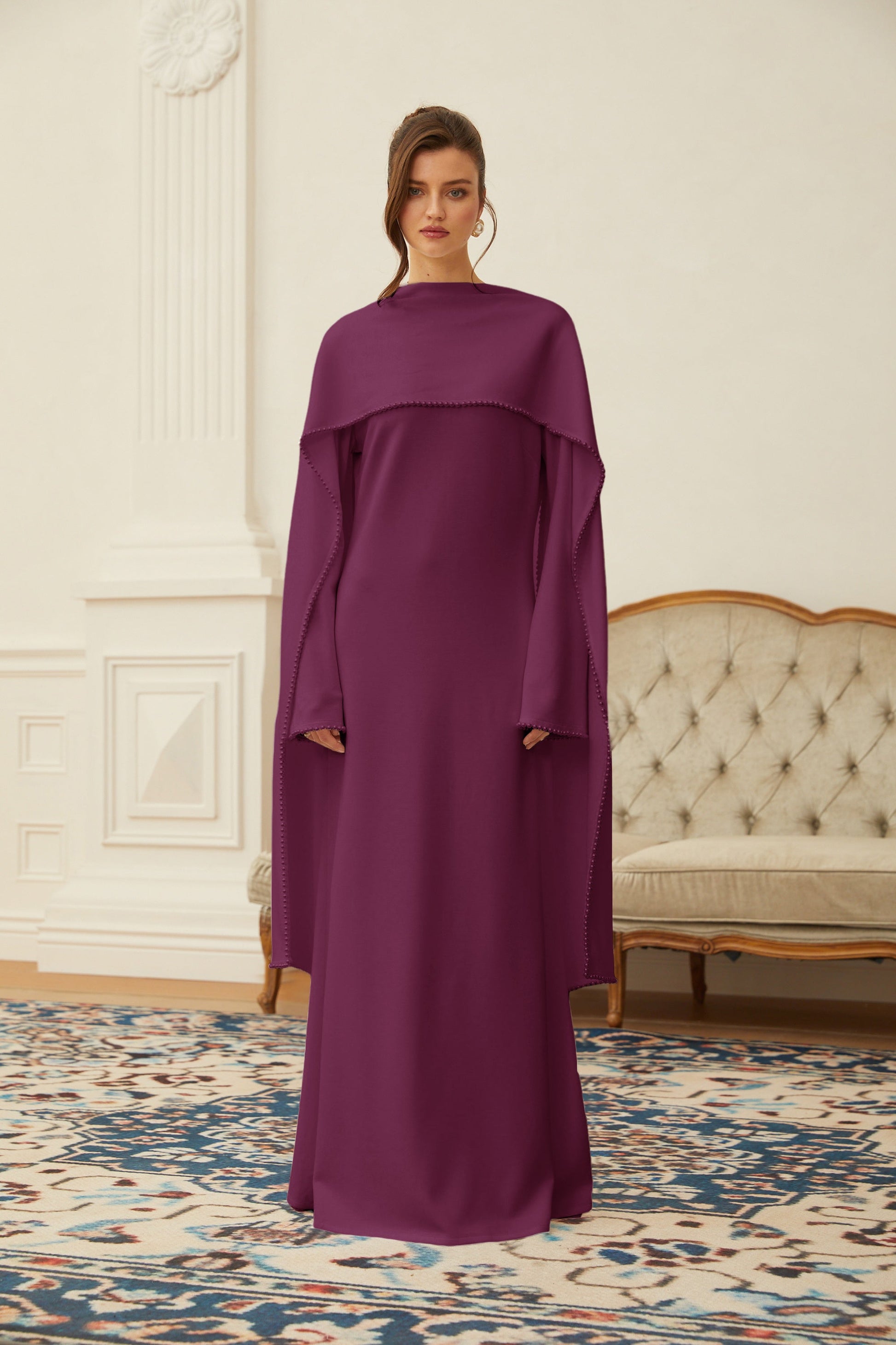Montaracrest Piroska purple maxi dress with pearl trim shawl detail, flowing fabric and elegant design, perfect for formal occasions.