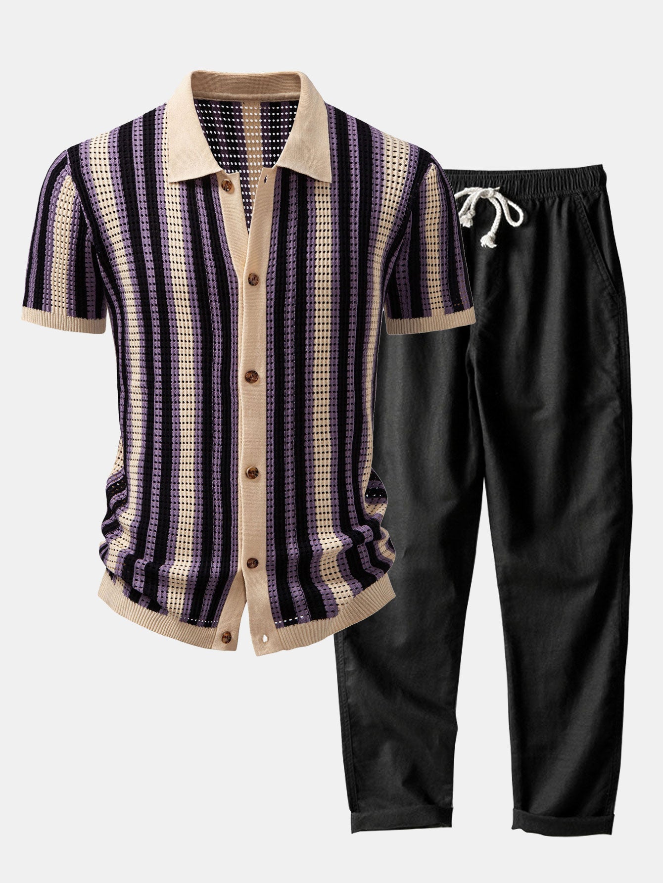 Striped Shirt with Crochet Eyelets and Straight-Leg Linen Pants - Montaracrest