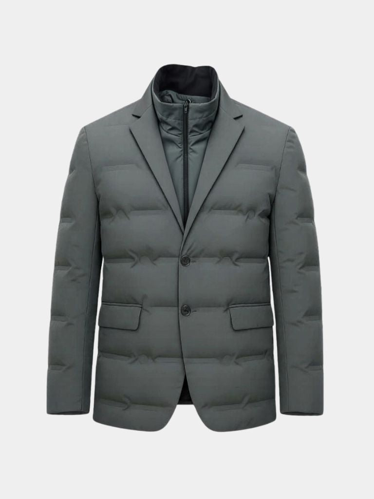 Montaracrest Aristocrat winter jacket, a stylish men's quilted parka with a high collar and insulated design for cold weather.