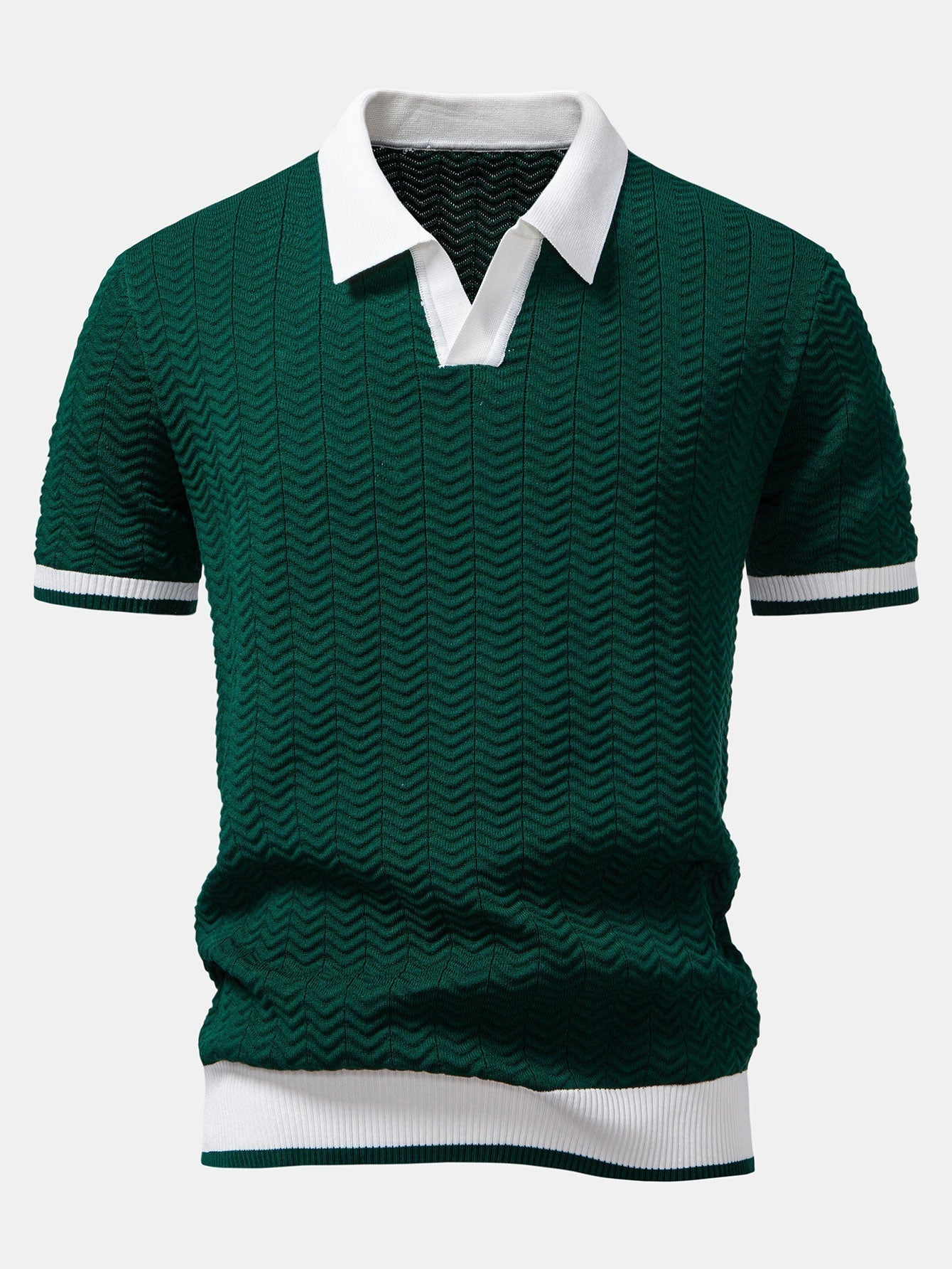 Textured Contrast V-Neck Knit Polo