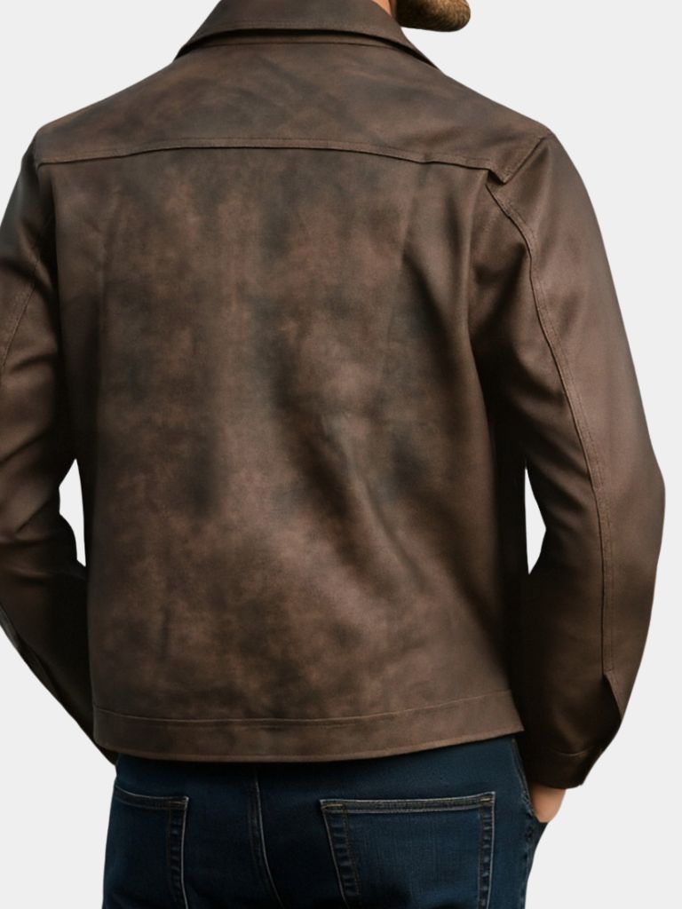 Black leather jacket from Montaracrest's Regent Estate collection, stylishly displayed with front zipper and collar detail.