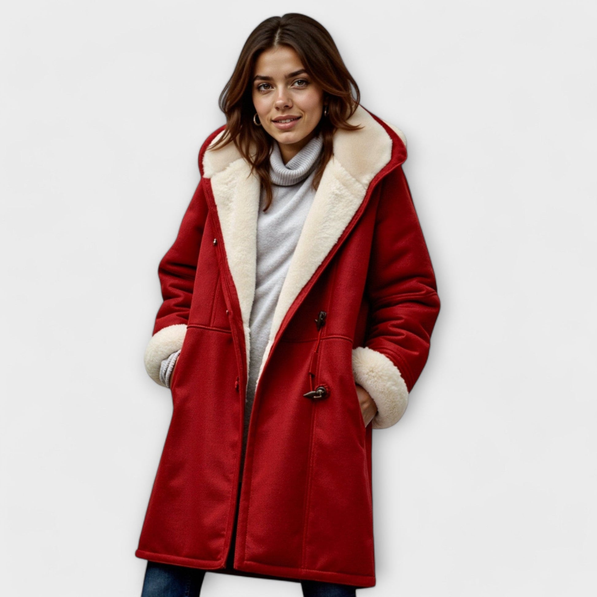 Warm Montaracrest cozy coat with a plush collar, shown hanging on a wooden background. Stylish winter outerwear for cold weather.