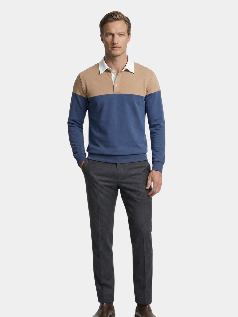 Montaracrest alpine zip-up polo pullover with collar, navy blue, featuring a front zipper and ribbed cuffs.