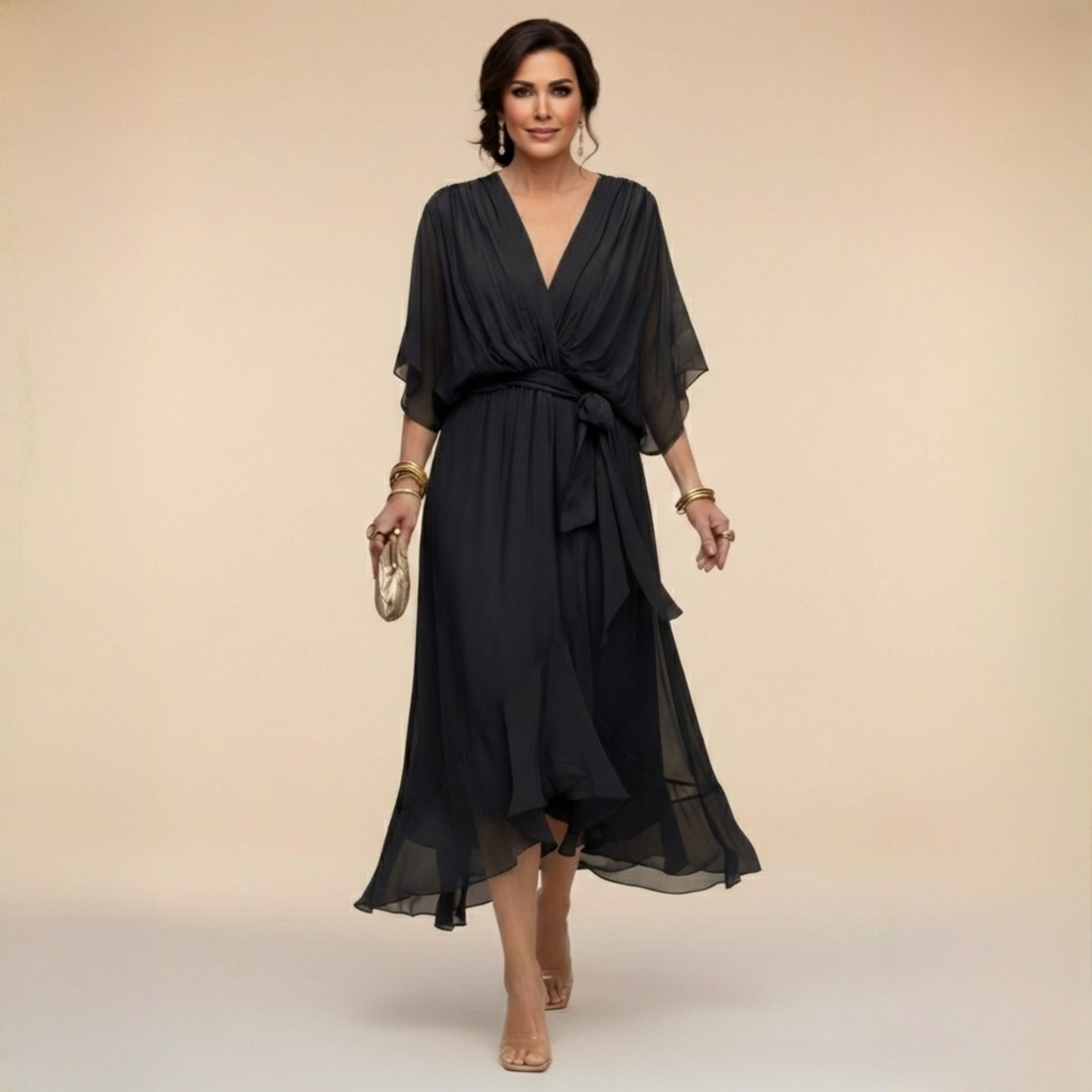 Montaracrest Monica chiffon dress with V-neckline, flowing fabric and elegant design, suitable for formal occasions.