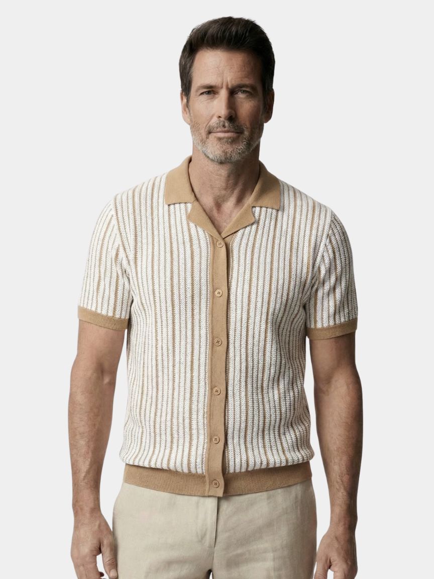 Striped knitted polo shirt by Montaracrest featuring a classic collar and textured fabric, worn by a model.