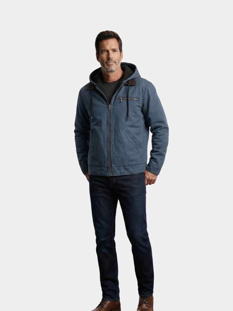 Montaracrest Giacca Essenziale con Cappuccio, casual jacket featuring a hood and simple design, shown on a model.