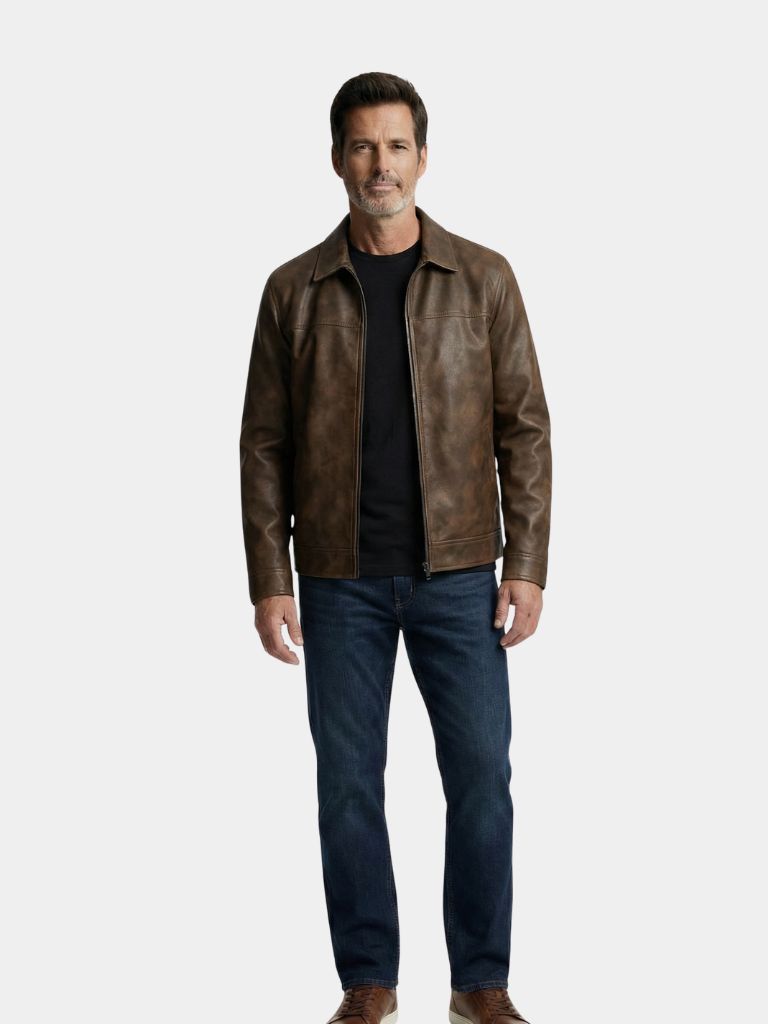 Montaracrest leather jacket in Regent Estate style, featuring a sleek design with visible stitching and a front zipper closure.