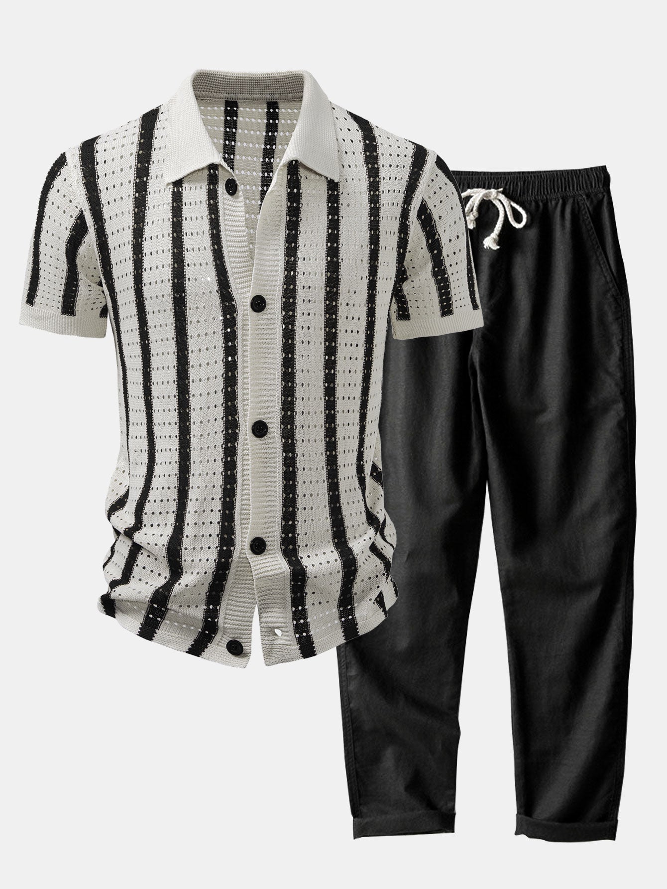 Striped Shirt Featuring Knitted Eyelets & Straight-Leg Linen Trousers