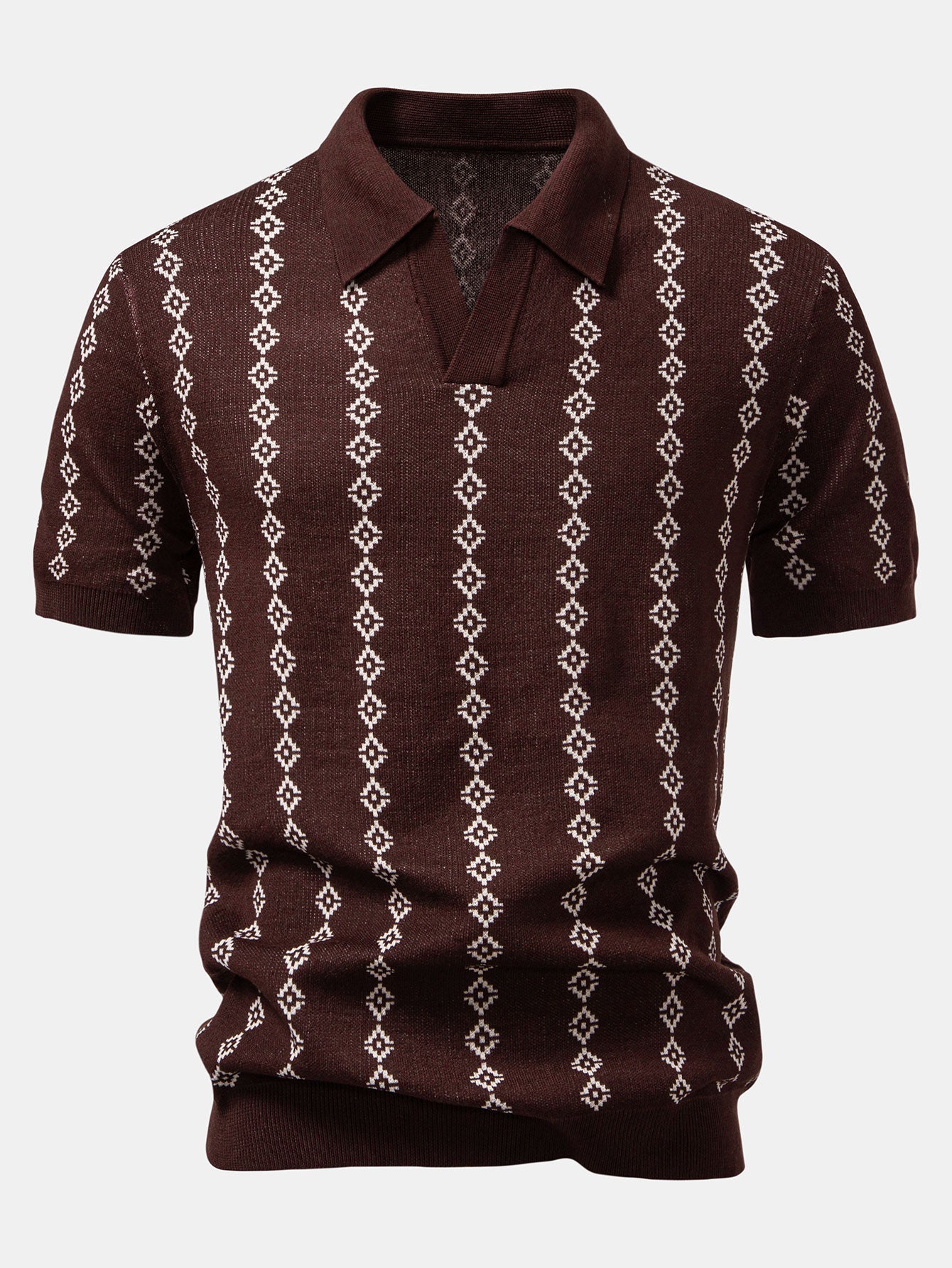 V-Neck Polo with Geometric Knit Design