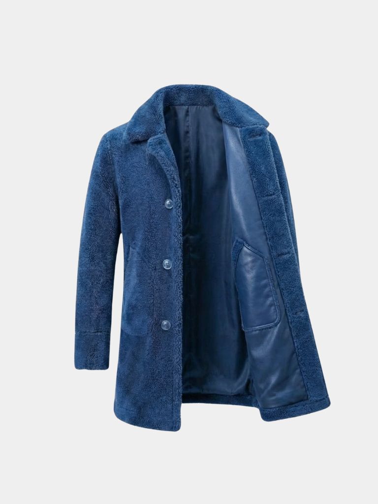 Montaracrest Giacca Doppiopetto Legacy double-breasted coat in stylish fabric, displayed hanging on a wooden hanger.