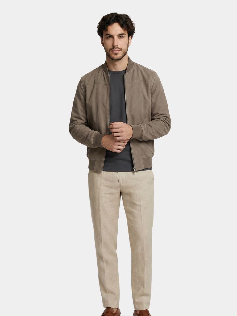 Montaracrest elegant suede jacket, stylish men's jas with smooth texture and tailored fit, shown in a close-up view.