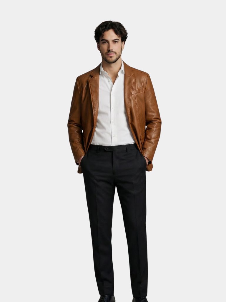 Montaracrest caramel leather jacket, stylish brown leather gusset, front zipper, and classic collar, shown on a model.