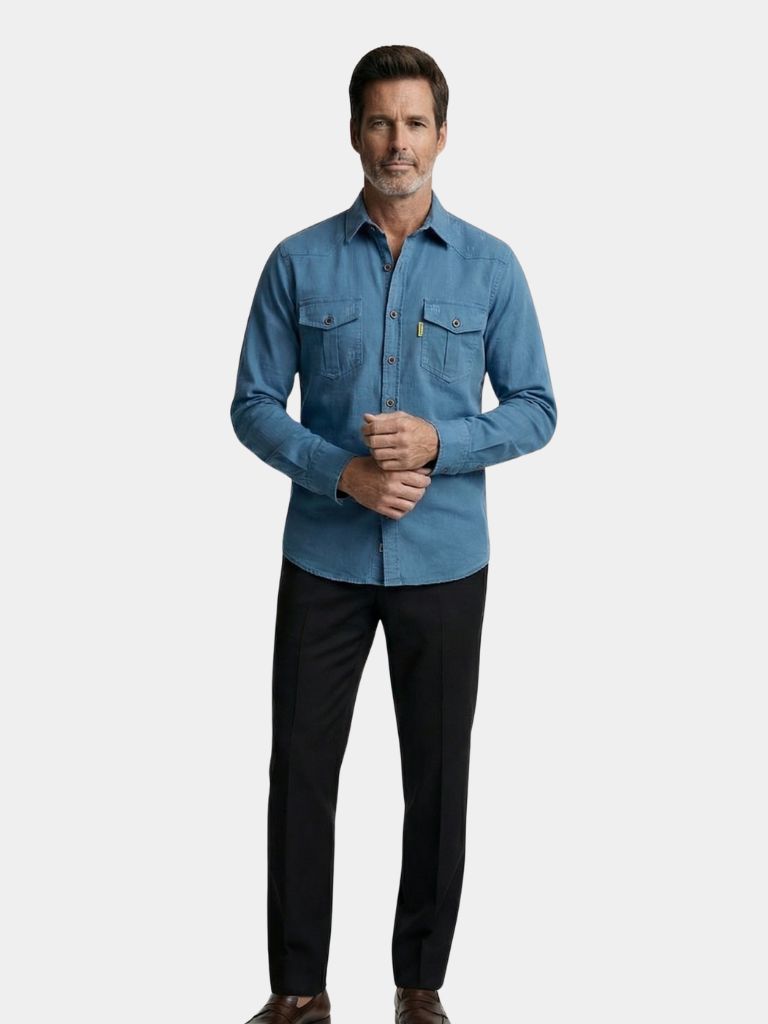 Men's casual modern shirt by Montaracrest, featuring a stylish design and comfortable fit, shown in a close-up of the fabric and collar.