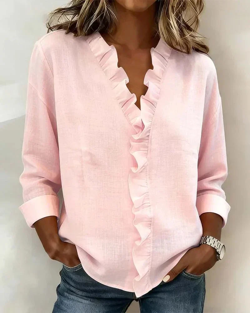 Montaracrest Chiara™ V-neck blouse with delicate ruffle details, lightweight fabric, elegant and feminine fashion top.