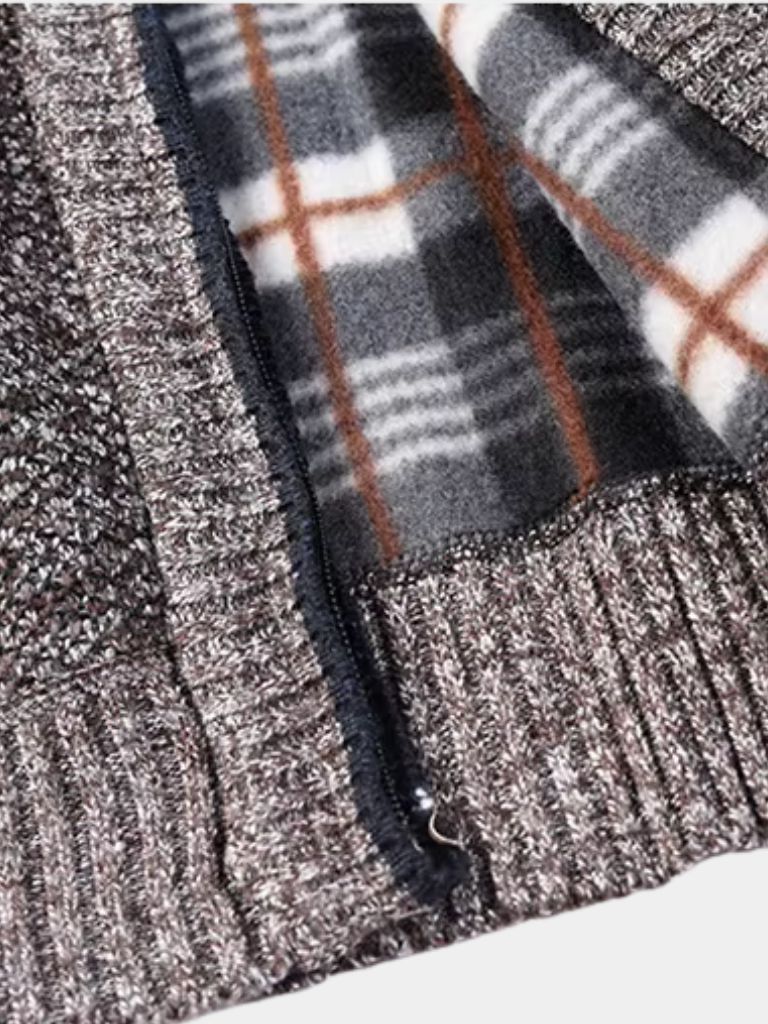 Montaracrest knitted jacket with textured weave, long sleeves, and collar, showcasing detailed craftsmanship.