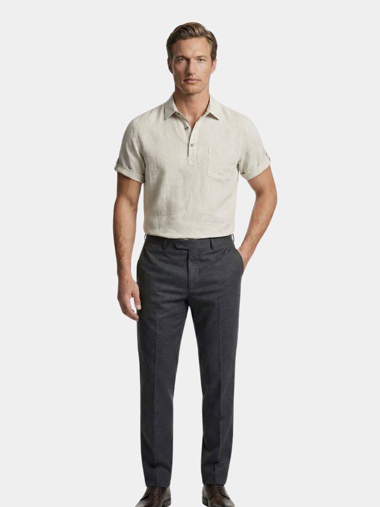 Montaracrest Essenziale linen shirt, lightweight and breathable, shown in natural fabric with a classic collar and button-front design.