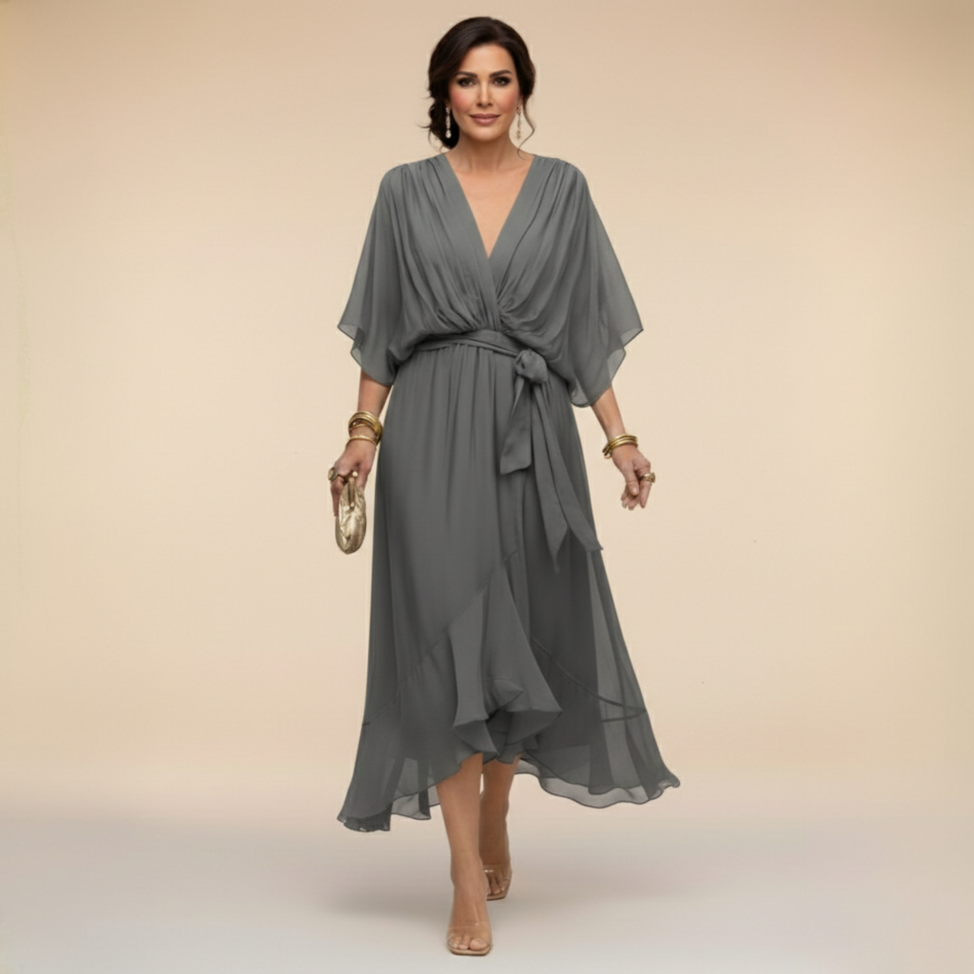 Montaracrest Monica chiffon dress with V-neckline, flowing fabric and elegant design displayed in the product image.