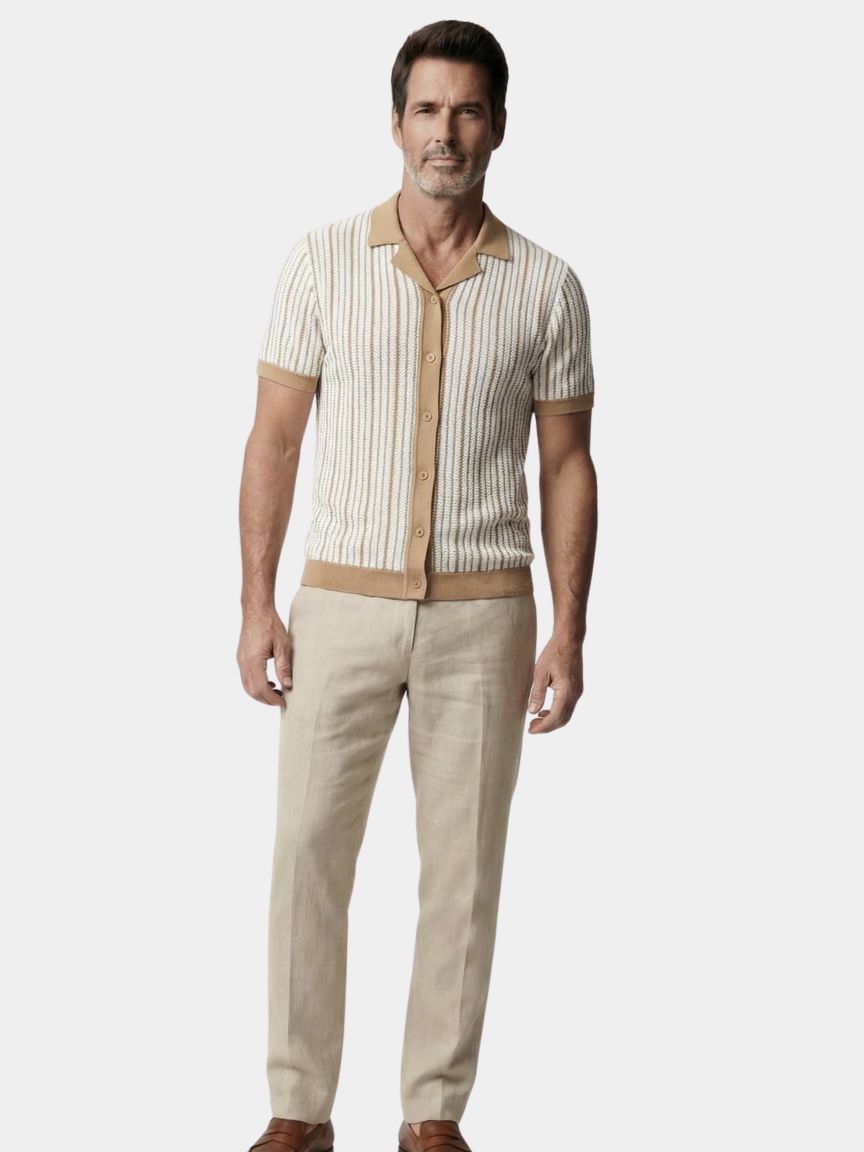 Striped knitted polo shirt by Montaracrest featuring a classic collar and long sleeves, displayed on a neutral background.