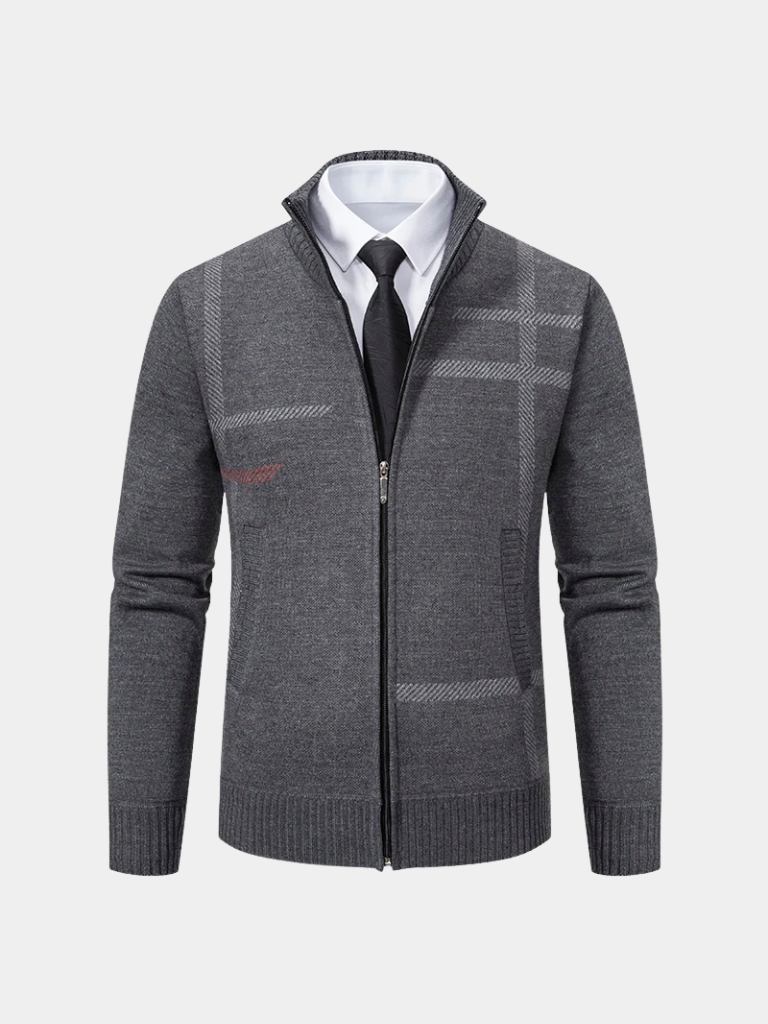 Montaracrest graphite knit sweater, Symmetry design, showcasing the textured fabric and classic fit for casual wear.