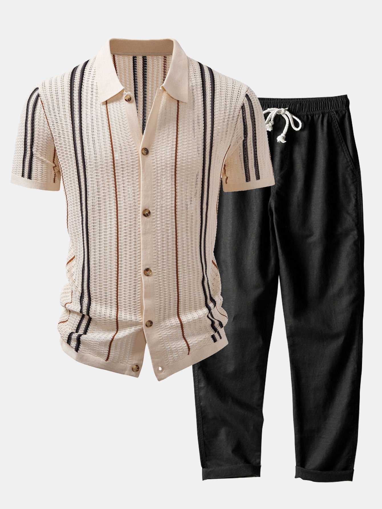 Striped Crochet Shirt with Buttons & Straight Leg Linen Trousers - Montaracrest