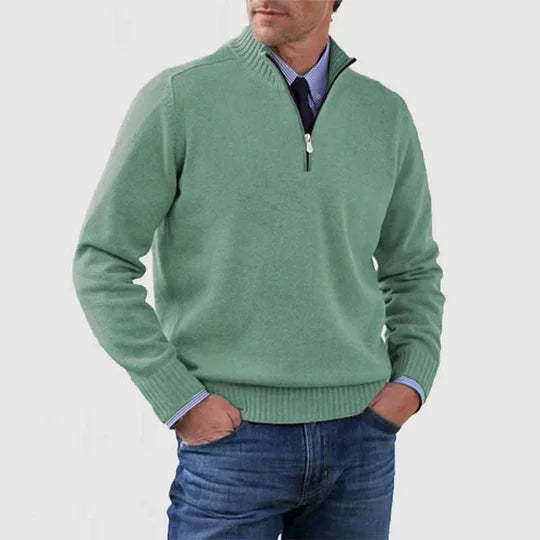 Montaracrest Nico™ fine knit half-zip sweater in soft, lightweight fabric, featuring a stand-up collar and subtle branding.