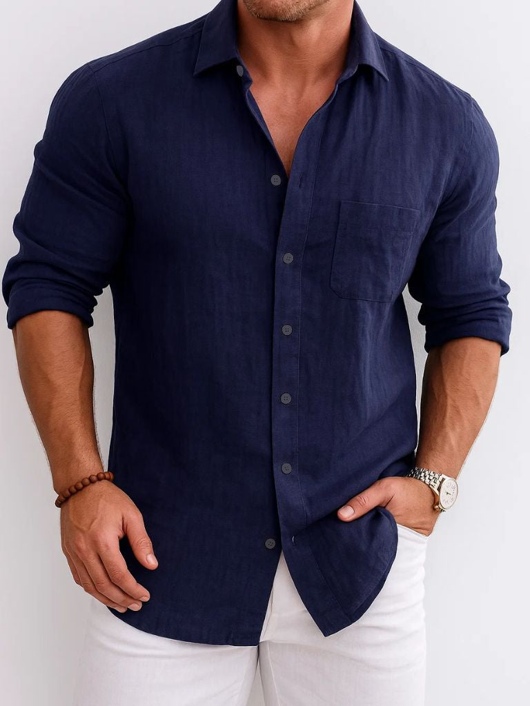Montaracrest Baltique Sereno shirt, light blue cotton button-up with collar and long sleeves, styled on a hanger.