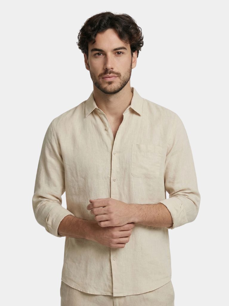 Light beige Montaracrest linen shirt with long sleeves and a classic collar, displayed on a hanger.
