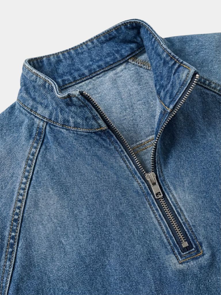 Montaracrest denim stonewash jacket with quarter zip, casual outerwear featuring a stylish zip-up closure and classic denim texture.