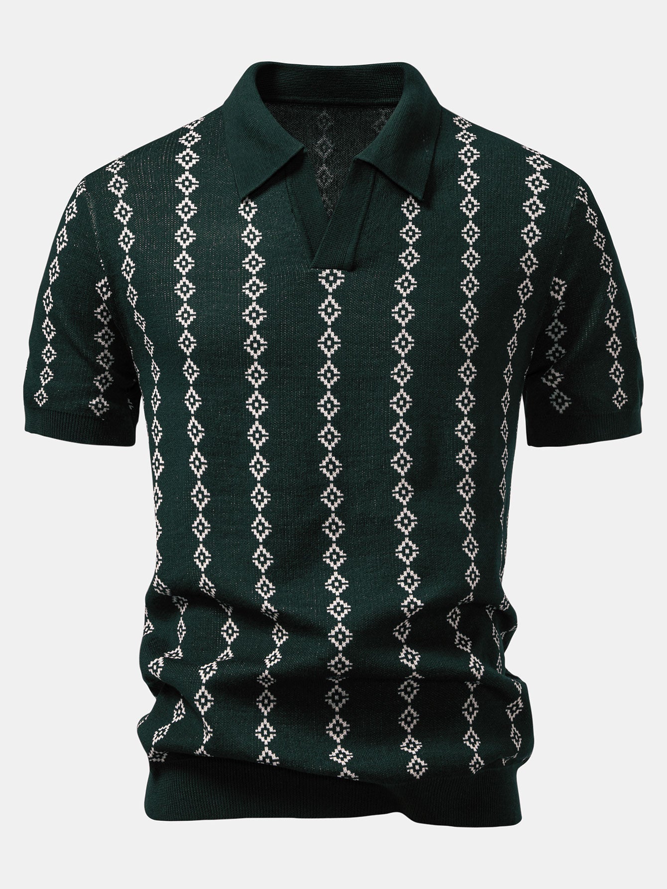 V-Neck Polo with Geometric Knit Design
