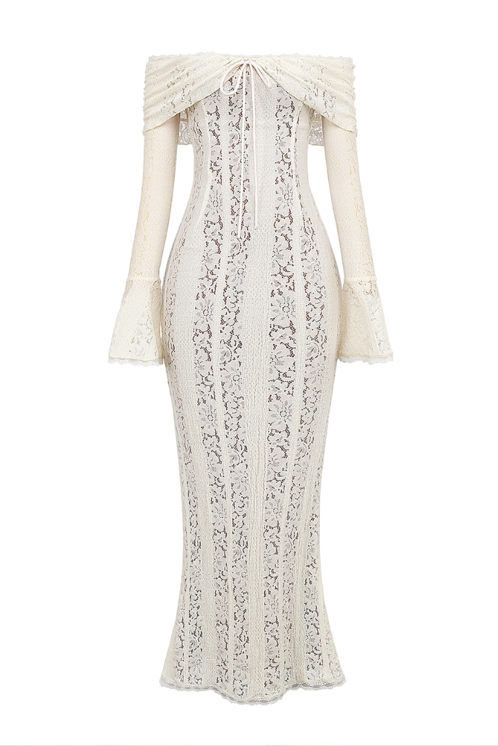 Elegant lace off-shoulder evening dress with long sleeves by Montaracrest, featuring intricate lace details and a fitted silhouette.