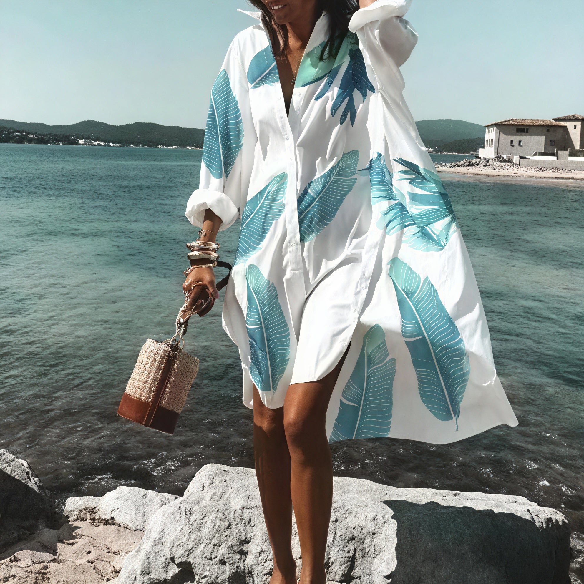 Light beige oversized summer dress with button details by Montaracrest, featuring a relaxed fit and casual style.