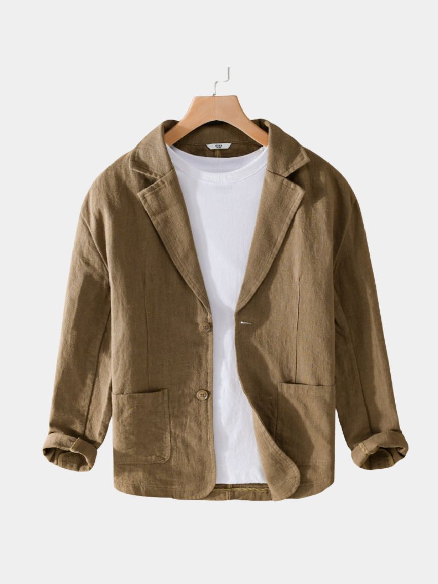 Light linen blazer in Oldbrook style by Montaracrest, shown on a hanger with a tailored fit and classic lapel design.