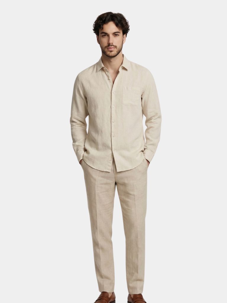 Light beige Montaracrest linen shirt featuring a relaxed fit, collar, and button-down front, displayed on a neutral background.