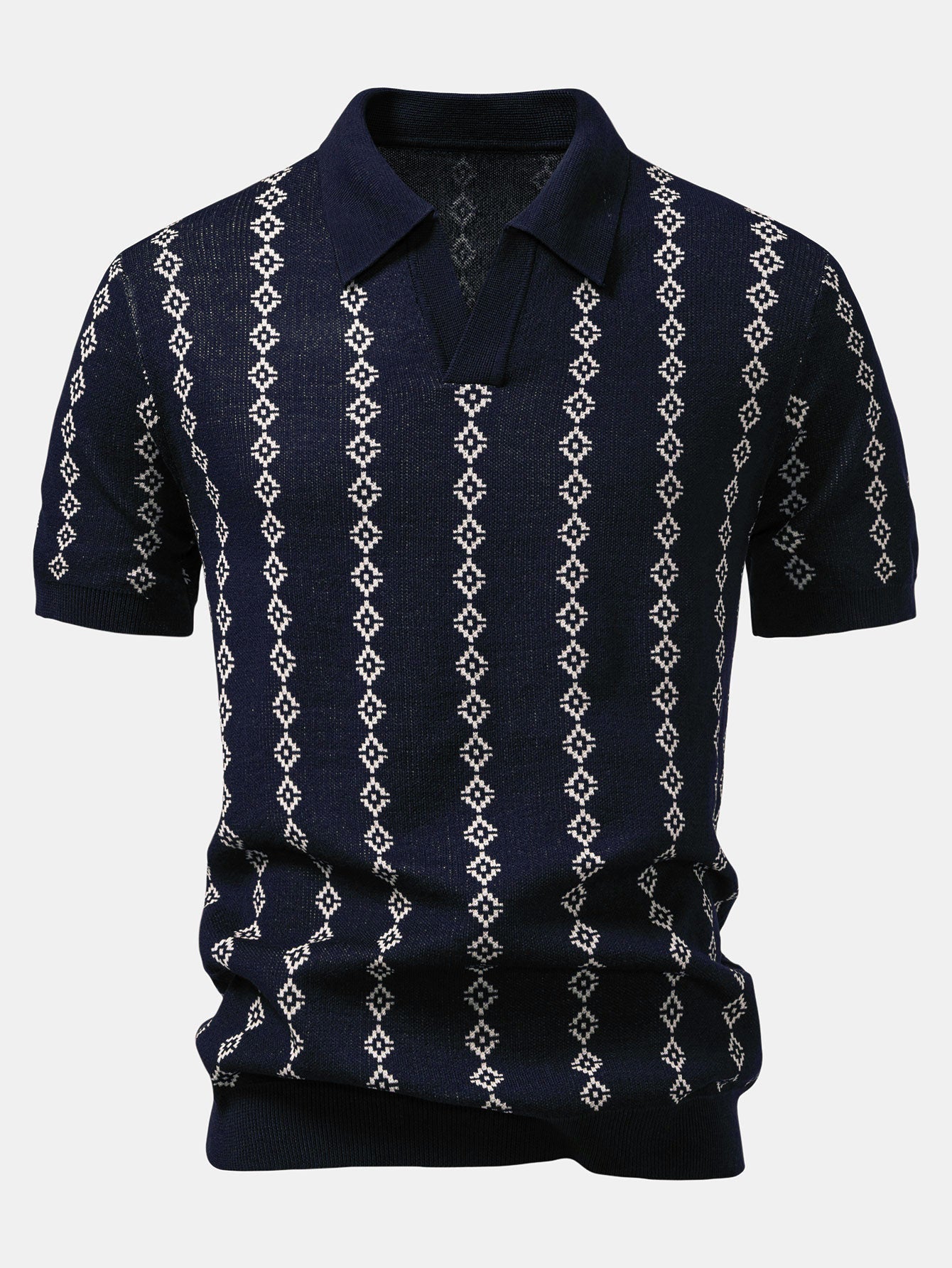 V-Neck Polo with Geometric Knit Design