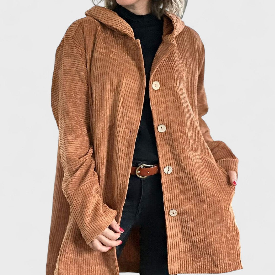 Montaracrest Cordia velvet hoodie jacket with a ribbed design, featuring a hood and stylish textured fabric.