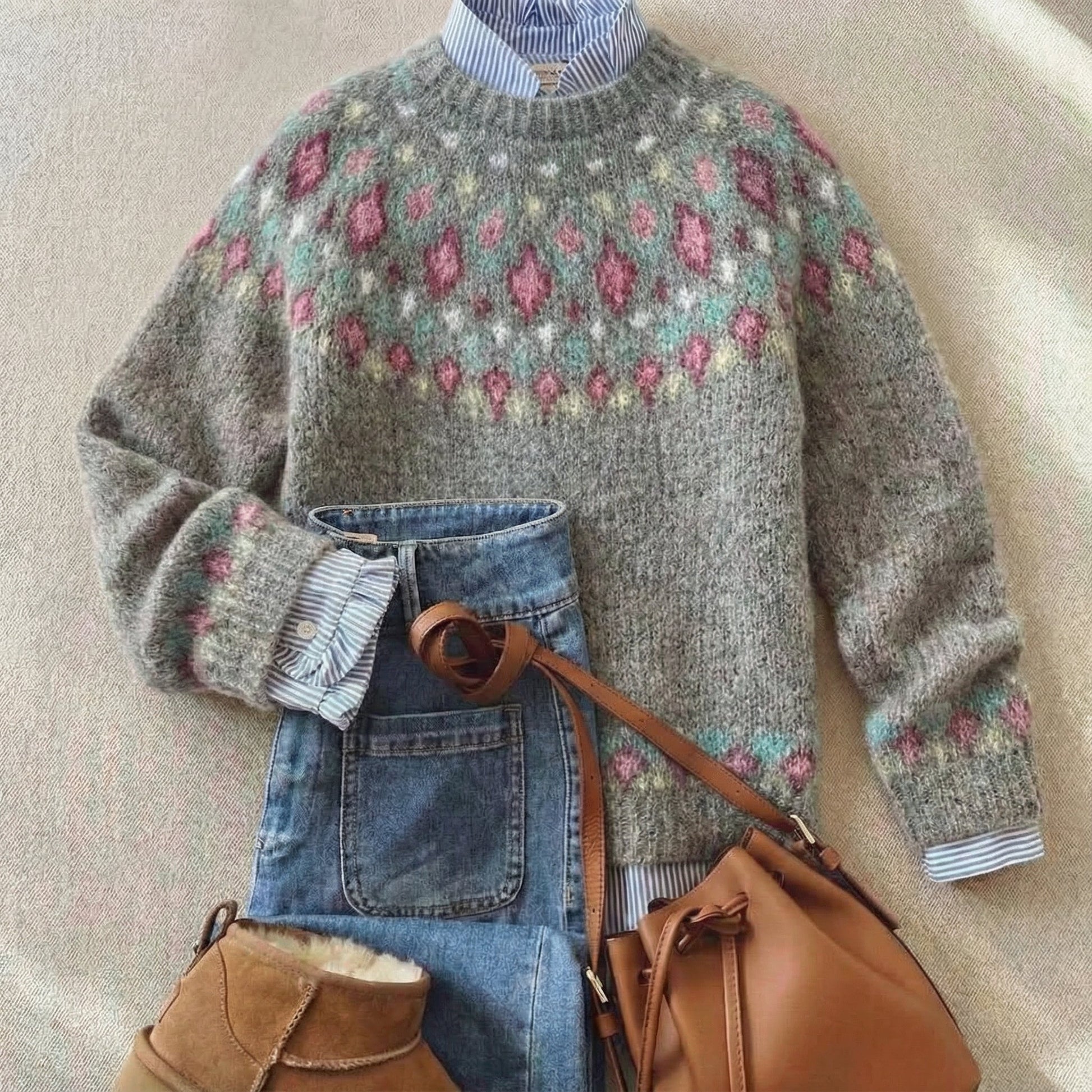 Montaracrest Eleanora Nordica knit sweater featuring intricate Nordic pattern in cozy wool fabric.