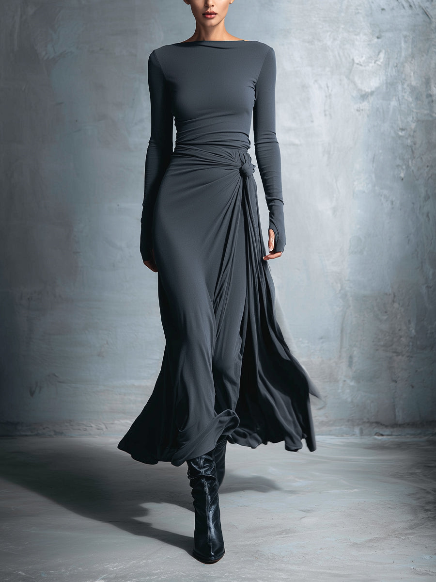 Montaracrest Vittoria maxi dress with side knot, flowing fabric, and elegant design perfect for summer occasions.