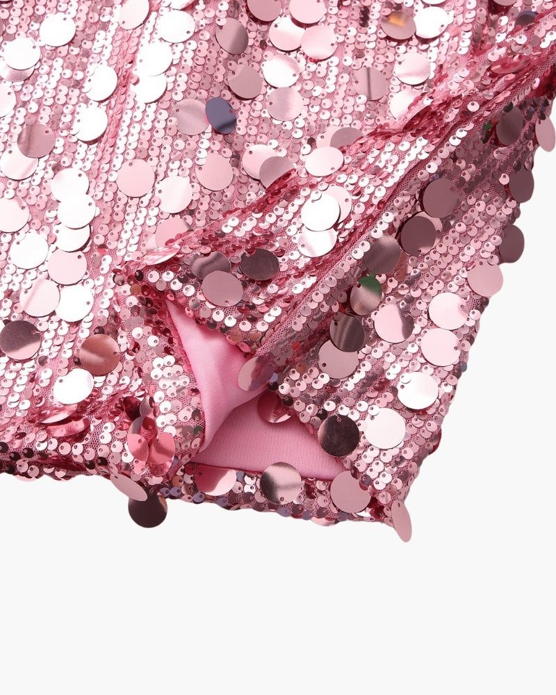Shimmering mini party dress with sequins from Montaracrest, featuring a fitted silhouette and sparkling embellishments.