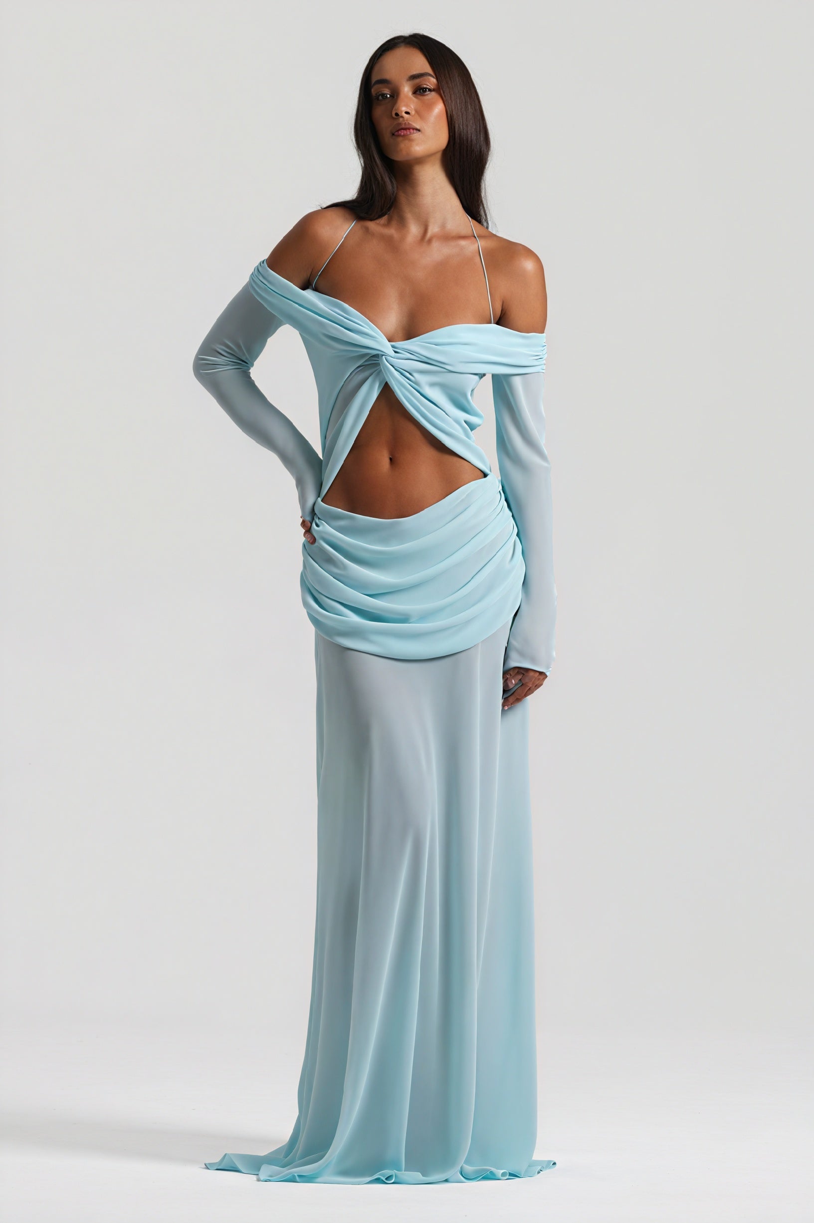 Montaracrest long dress with knot and cutout details, featuring a flowing silhouette and stylish design.