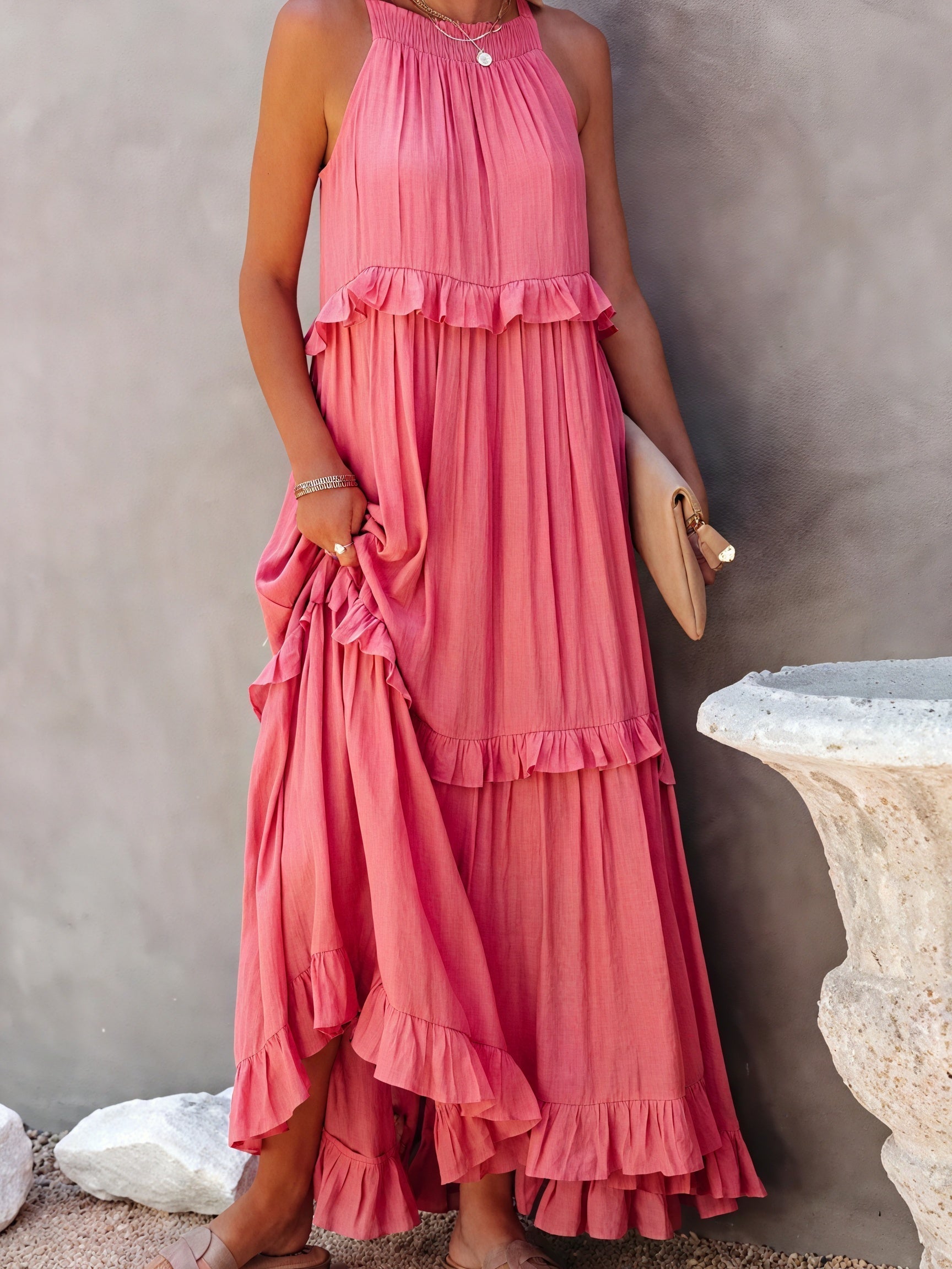Fluido maxi dress by Montaracrest with American-style neckline and ruffle details, flowing fabric and elegant design.