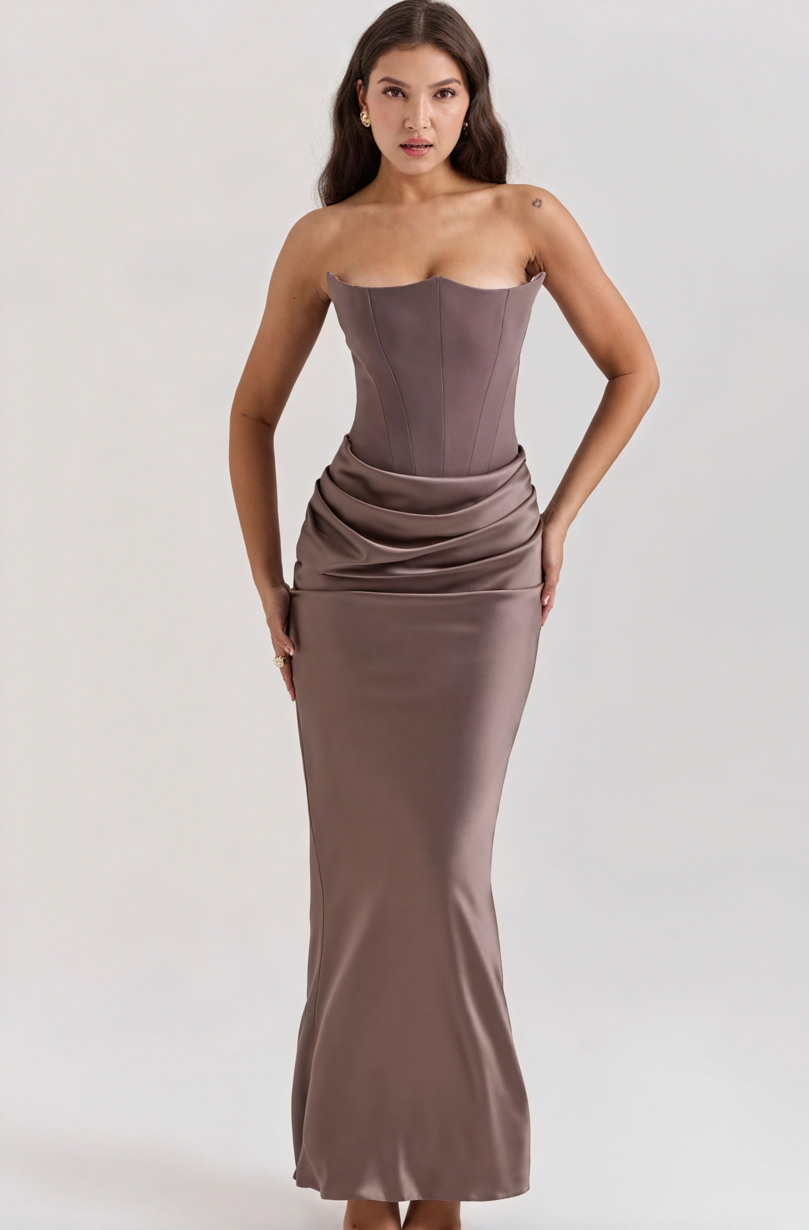Elegant strapless dress by Montaracrest featuring classic design, perfect for special occasions.