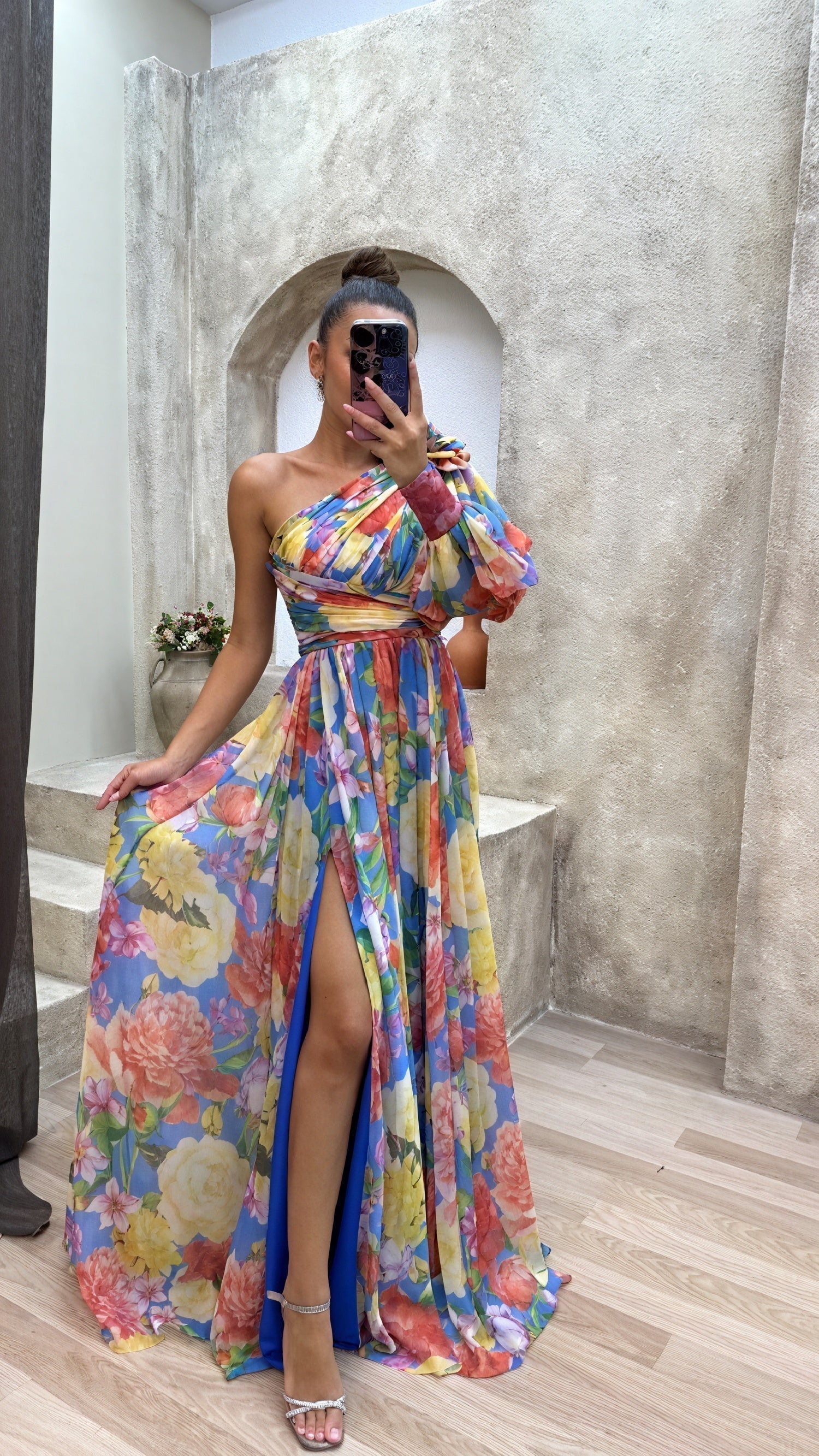 Montaracrest floral print one-shoulder dress with elegant slit, showcasing a stylish and feminine design.