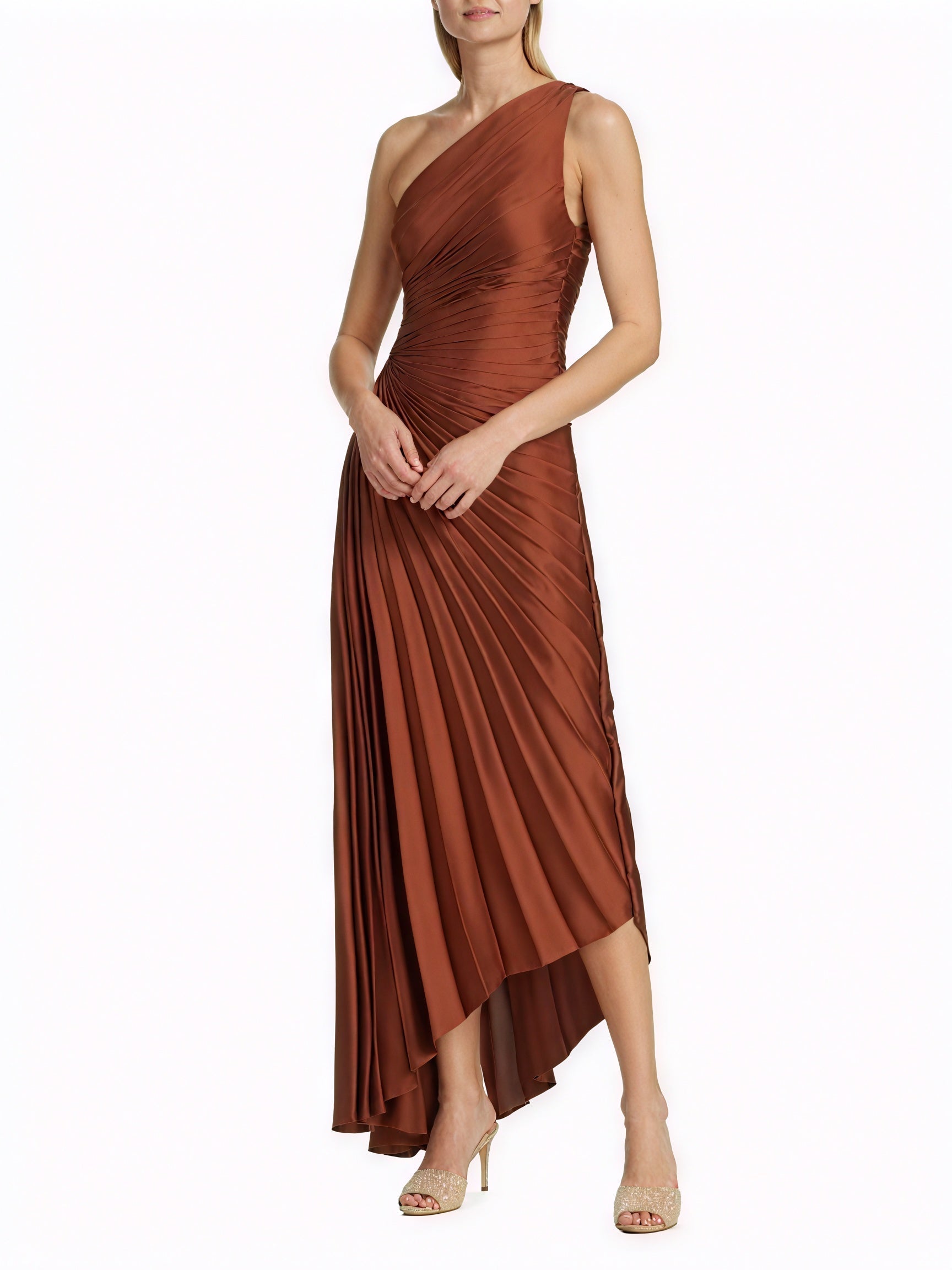 Monospalla pleated dress with asymmetrical hem by Montaracrest, featuring elegant draping and stylish design.