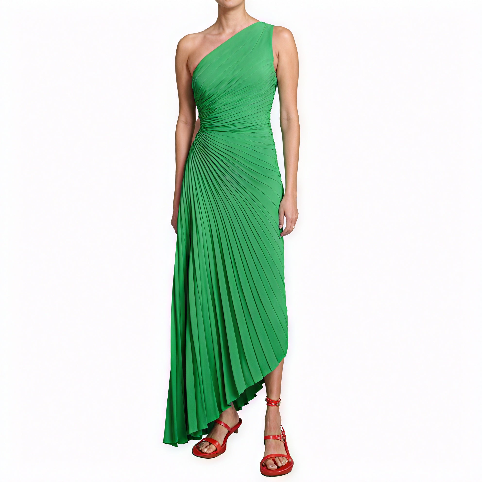 Light pink monospalla pleated dress with asymmetric hem by Montaracrest, featuring a single shoulder strap and flowing fabric.