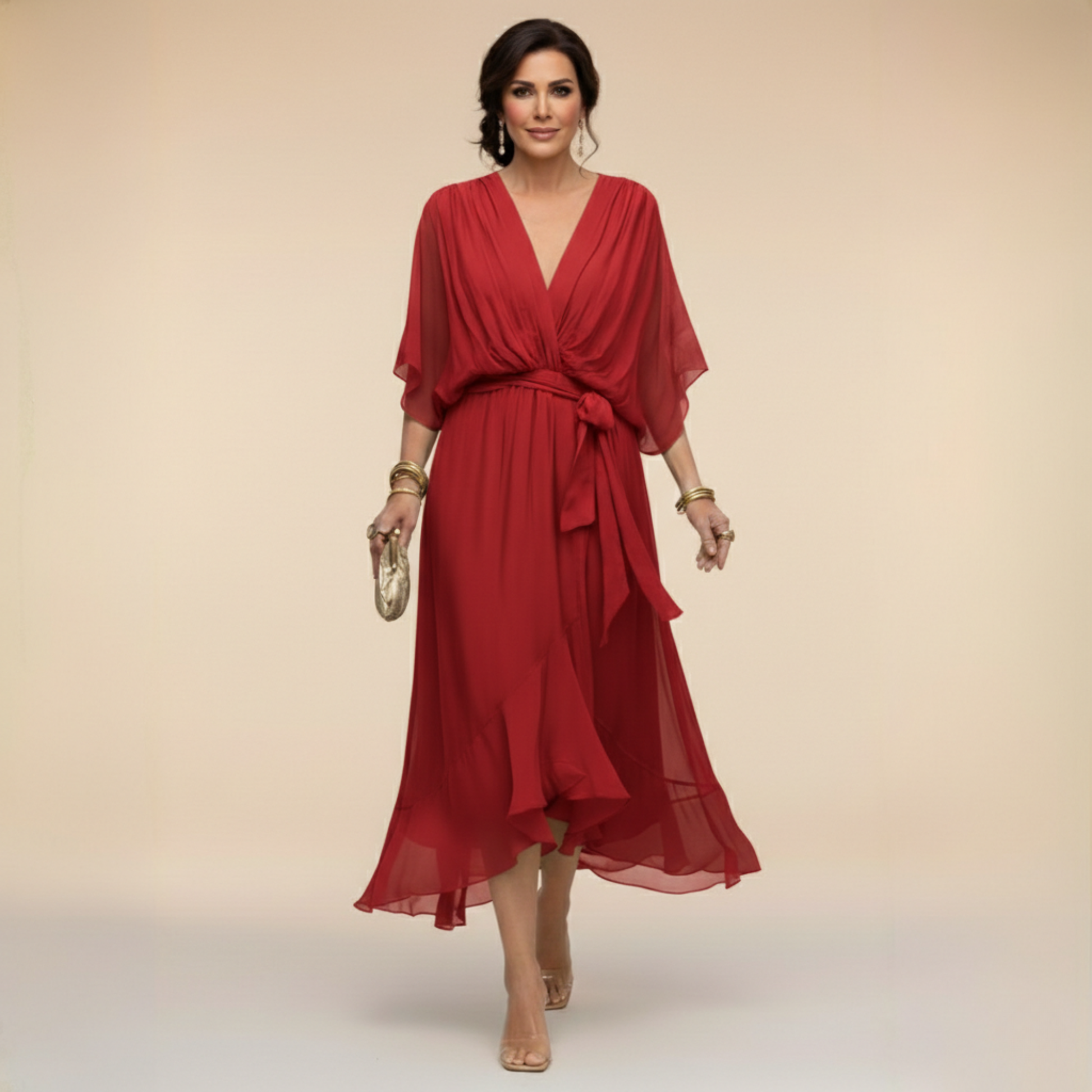 Montaracrest Monica chiffon dress with V-neckline, flowing fabric, and elegant sleeveless design, perfect for formal occasions.