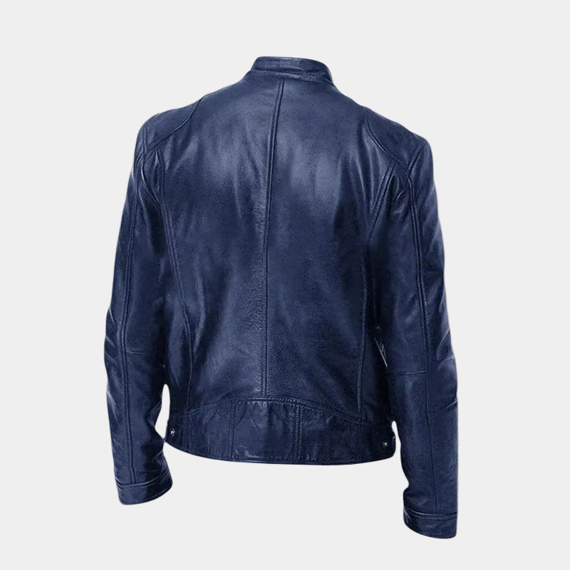 Men's Mitchell leather jacket by Montaracrest, stylish black coat with a smooth leather finish and classic collar detail.