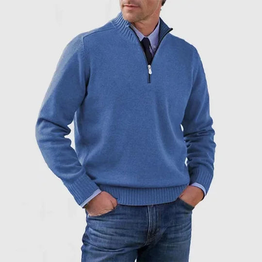 Montaracrest Nico™ men's light knit half-zip sweater in fine wool, shown in a close-up of the soft, textured fabric.