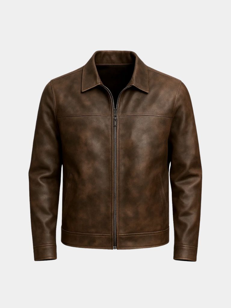 Black leather jacket from Montaracrest's Regent Estate collection, stylish and durable, shown on a hanger.