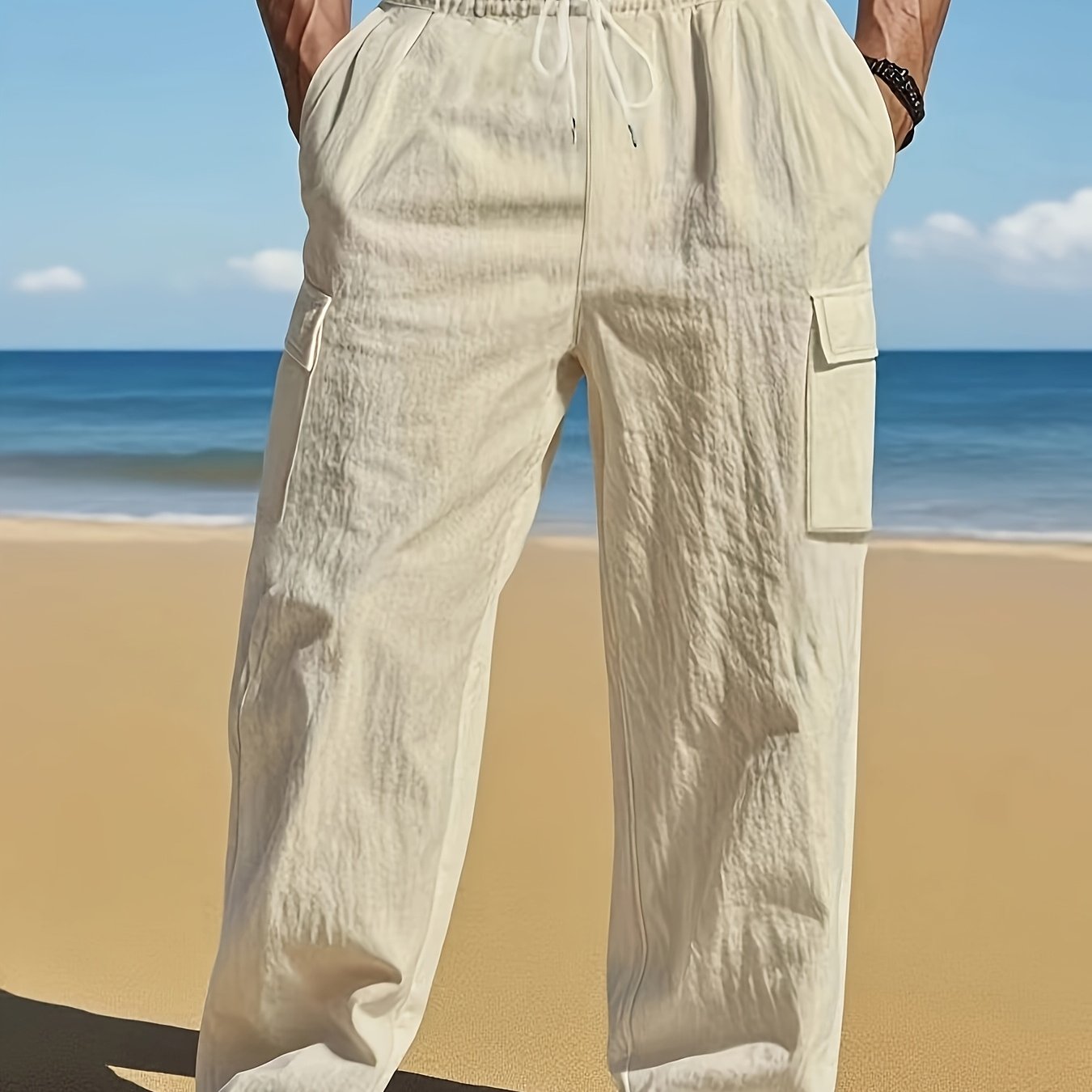 Montara & Crest linen pants displayed on a hanger, featuring a relaxed fit and natural beige color for casual summer wear.