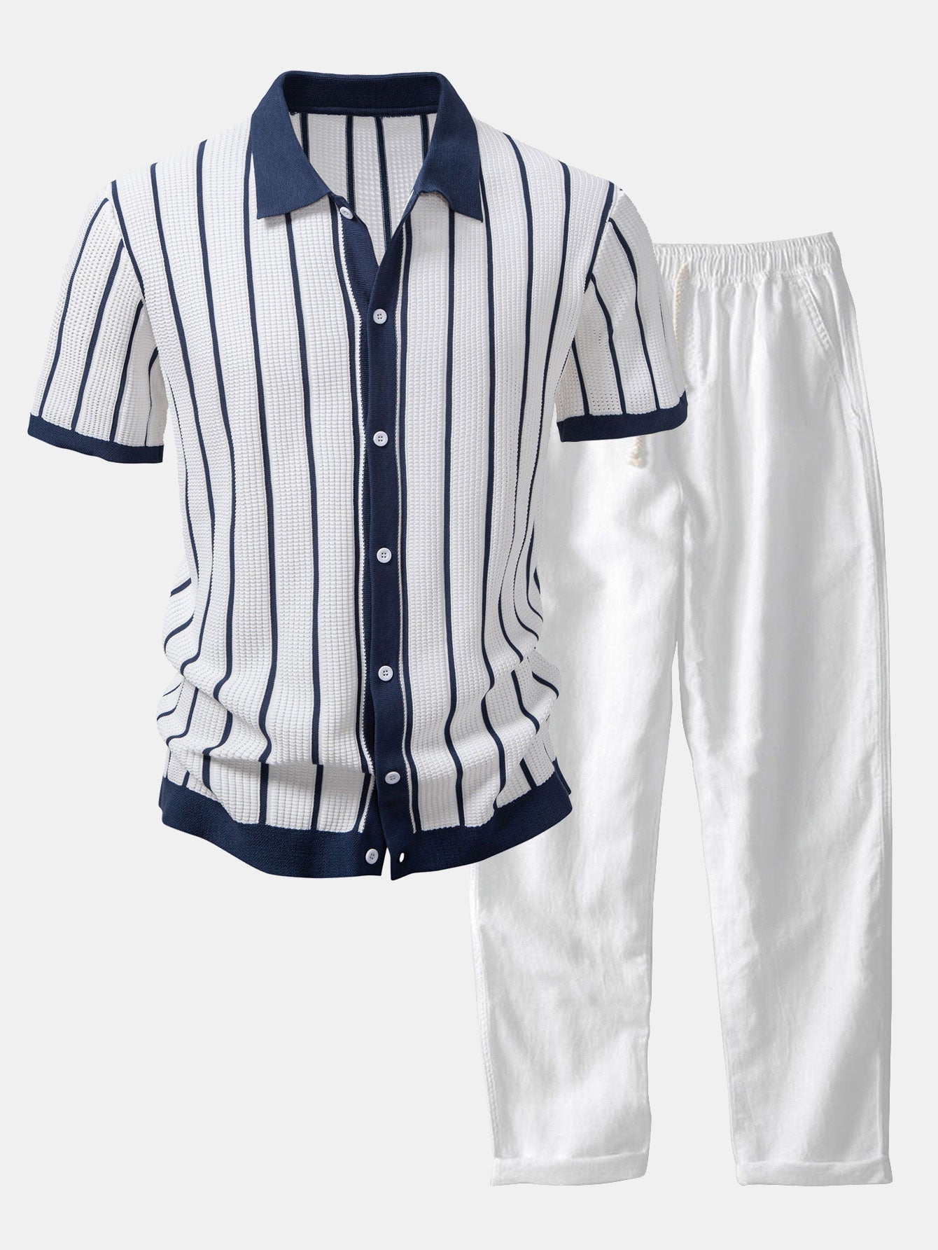 Striped Knit Button-Up Shirt & Straight-Leg Linen Trousers - Montaracrest